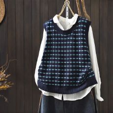 批发针织<b class='q'>马甲女</b>新款2026初春无袖格子棉线叠穿宽松坎肩背心