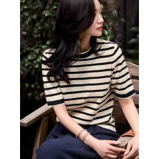 批发韩版<b class='q'>条纹</b>圆领短袖<b class='q'>针织衫</b>春季时尚流行气质小衫上衣女