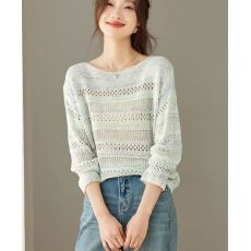 批发早春花纱镂空一字领针织衫女2026春季<b class='q'>新款</b>长袖打底薄毛衣短款上衣