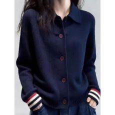 批发2026春季新款藏蓝色翻领条纹袖口针织开衫女洋气内搭<b class='q'>休闲</b>百搭上衣