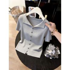 批发高级感翻领套头针织衫女2026夏季小众百搭短袖上衣服