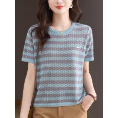 批发夏季短袖t恤女宽松洋气镂空上衣<b class='q'>妈妈</b>条纹针织T恤