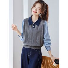 批发春秋季新款拼色翻领套头上衣拼接<b class='q'>长袖</b>假两件设计衬衣打底衫女