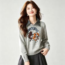 批发提花翻领针织衫上衣女2026新款秋冬衬衫领拼接毛衣打底衫