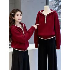 批发文艺撞色拉链连帽针织衫<b class='q'>女</b>2026新款秋冬高级感红<b class='q'>毛衣</b>上衣