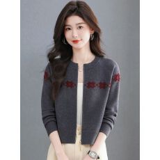 批发<b class='q'>女</b>装拉链针织开衫2026新款圆领拼色提花短款百搭显瘦<b class='q'>毛衣</b>外套
