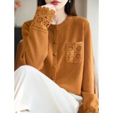 批发2026新款蕾丝口袋纽扣针织开衫外套<b class='q'>女</b>秋季<b class='q'>女</b>装上衣秋冬<b class='q'>毛衣</b>