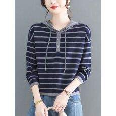 批发条纹连帽针织衫卫衣女士早秋季2026新款高级感小个子打底上衣