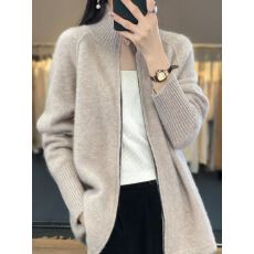 批发拉链立领上衣新款开衫女纯色长袖宽松针织<b class='q'>毛衣外套</b>