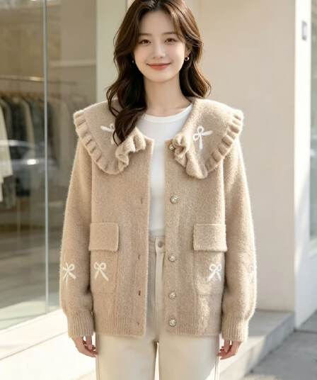 베이비 칼라 여성 가을 겨울 새로운 외부 물 밍크 울 프릴 외국 가스 세련된 외국 가스 오픈 가디건 맨위