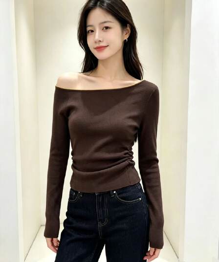 보트넥 니트 스웨터 여성 가을 새로운 미니멀리즘 오프숄더 기본 셔츠 꼬집기 허리 몸매 가꾸기 슬림해 보이는 맨위
