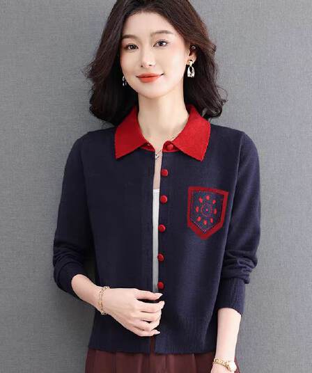 2026 가을 새로운 배색 폴로 칼라 오픈 가디건 여성 니트 스웨터 외국 가스 맨위 재킷