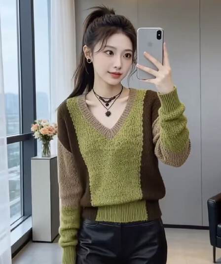 느긋한 바람 V넥 색상 니트 스웨터 여성 2026 가을 겨울 새로운 루즈핏 녹색 스웨터 연령 감소 고급 센스 맨위