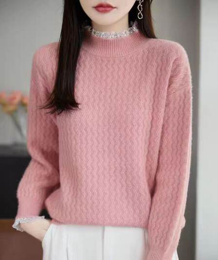 레이스 목이버섯 레이스 반하이넥 스웨터 여자 루즈핏 풀오버 니트 스웨터 인사이드 가져 가라. 기본 셔츠 물결무늬 맨위