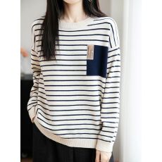 批发秋冬新款条纹针织衫女宽松<b class='q'>休闲</b>撞色毛衣内搭保暖柔软打底上衣