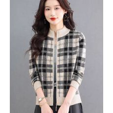 批发外套格纹针织开衫女秋冬外搭中领上衣新款高级感拉链毛衣格子外套