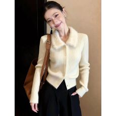 批发韩系高级感毛领针织开衫女秋冬内搭打底毛衣外套翻领<b class='q'>上衣</b>