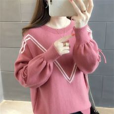 批发时尚针织衫女<b class='q'>韩版</b>蝴蝶结圆领毛衣宽松百搭打底套头上衣秋