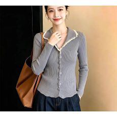批发法式<b class='q'>蕾丝拼接</b>翻领长袖针织开衫女秋季新款设计感内搭上衣