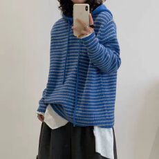 批发秋冬2026新款连帽针织开衫女外搭撞色大码宽松<b class='q'>妈妈装</b>毛衣外套