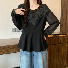 批发实拍秋冬新款打底<b class='q'>大码</b>女装胖MM时尚拼接气质减龄立体贴花百搭上衣