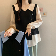 批发大码女装胖MM2026早春新品娃娃领撞色拼接假两件显瘦遮肚宽松衬衣
