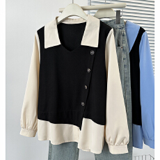 批发大码女装胖MM设计感上衣2026早春假两件显瘦撞色拼接长袖衬衣