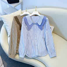 批发2026春季新款大码女装胖MM设计感双层娃娃领收腰显瘦百搭条纹衬衣