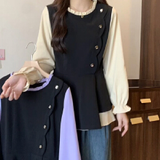 批发大码女装胖MM2026春季新款洋气木耳边圆领撞色拼接显瘦长袖衬衣