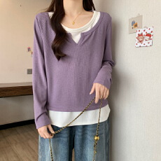 批发实拍大码女装胖MM春装新款时尚撞色拼接气质减龄假两件百搭上衣