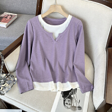 批发2026大码女装胖MM春季新款时尚撞色拼接气质减龄假两件百搭上衣