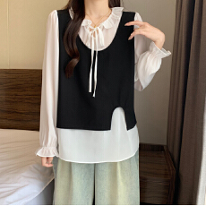 批发实拍大码女装胖MM撞色拼接假两件宽松显瘦木耳边系带韩版百搭上衣