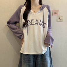 批发实拍大码女装春季新款胖MM连袖插肩袖宽松休闲撞色印字母长袖T恤