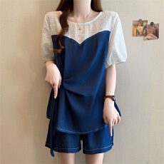 批发大码女装胖MM2026夏新款仿牛仔拼接<b class='q'>蕾丝</b>收腰遮肚设计感+<b class='q'>短裤</b>套装