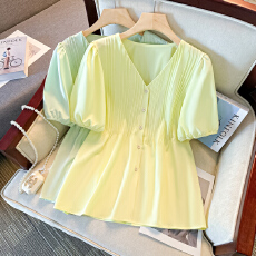 批发2026夏季新<b class='q'>大码</b><b class='q'>女装</b>胖MMV领开衫法式别致牙签条<b class='q'>韩版</b>显瘦遮肉衬衣