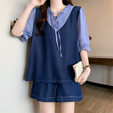 批发大码女装胖MM2026<b class='q'>夏</b>季新款时尚拼接显瘦遮肚天丝牛仔宽松百搭套装