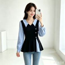 批发秋季新款大码<b class='q'>女装</b>胖MM翻领开叉撞色拼接假两件显瘦遮肚<b class='q'>衬衣</b>