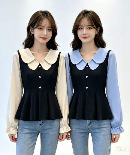 2026 가을 신제품 빅 사이즈 여성 의류 지방 mm 베이비 칼라 배색 패치워크 프랑스식 외국 가스 슬림해 보이는 페이크 레이어드 맨위
