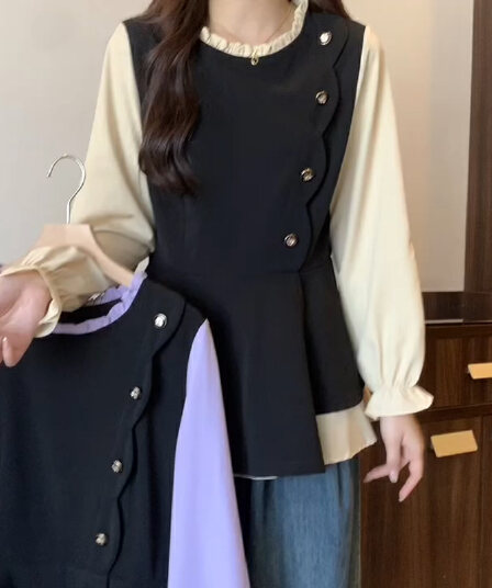 빅 사이즈 여성 의류 지방 mm 2026 가을 새로운 외국 가스 프릴 라운드 넥 배색 패치워크 슬림해 보이는 긴팔 셔츠