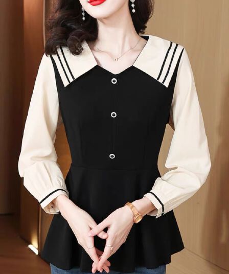 2026 이른 가을 신제품 빅 사이즈 여성 의류 지방 mm 배색 패치워크 베이비 칼라 연령 감소 표지 배 패션 다용도 셔츠