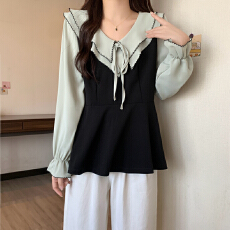 批发2026秋季新款<b class='q'>大码</b><b class='q'>女装</b>娃娃领拼接长袖法式赫本风假两件显瘦衬衣