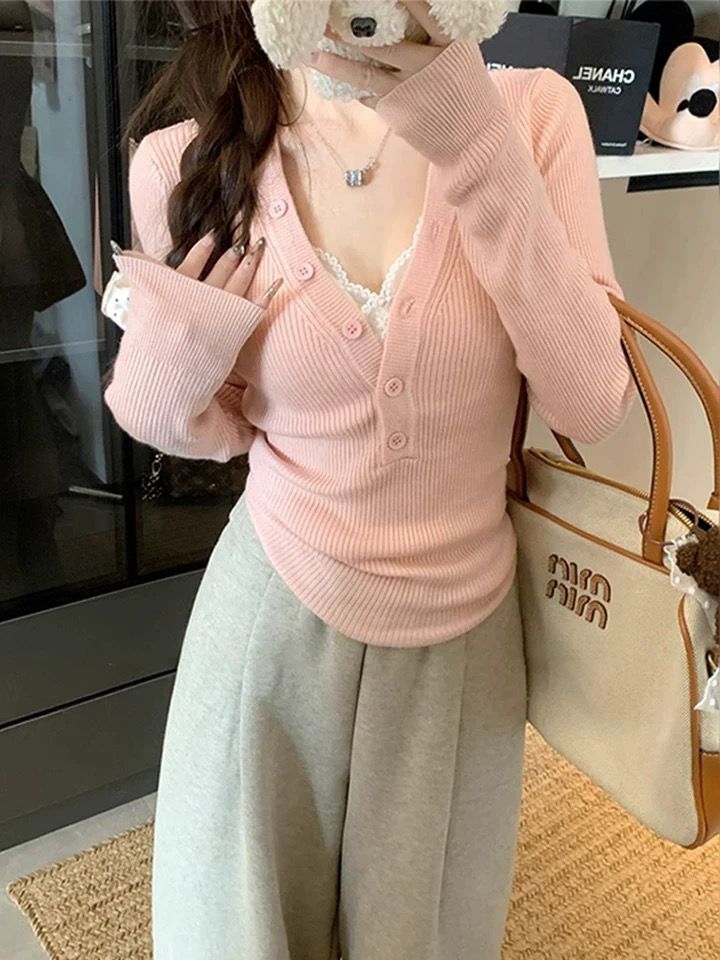 MY13803# 女裝貨源粉色v领紧身内搭针织衫韩系设计感纯欲修身显瘦打底...