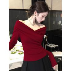 批发法式甜辣妹红色露肩v领打底衫女内搭设计感<b class='q'>长袖</b><b class='q'>t</b><b class='q'>恤</b>绝美上衣秋冬季