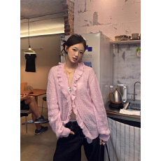 批发浪漫波卡尔镂空木耳边马海毛开衫小众绞花毛衣