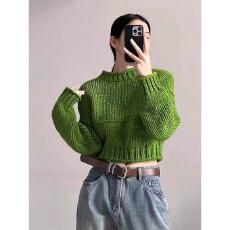 批发牛油果绿色针织衫女上衣秋冬设计感小众慵懒风高级感<b class='q'>短</b>款套头毛衣
