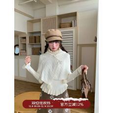 纯色复古甜美针织打底衫女秋季复古设计感气质连帽斗篷