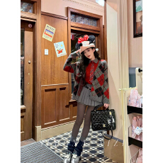 雪绒圣诞果 学院风灰色格纹撞色毛衣菱格开衫外套针织衫女