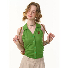 批发夏季无袖上衣短款外穿樱桃刺绣修身polo领开衫针织背心女