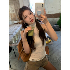 批发韩系甜美气质菱格高领无袖针织衫女春季新款修身显瘦休闲百搭上衣