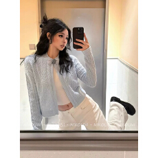 批发蓝色小香风毛衣<b class='q'>外套女</b>早春韩系穿搭法式miu系千金风针织开衫上衣